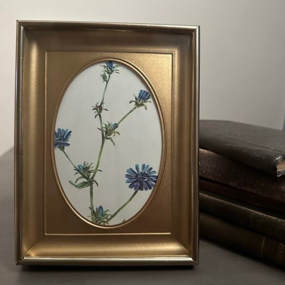 Small Gold Ornate Picture Frame Vintage Blue Flowers Artwork Oval Moody Art - Picture 1 of 3